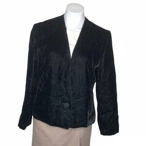 KORET Petites USA Black Velvet Jacket One Button Front Collarless Size 10 VTG